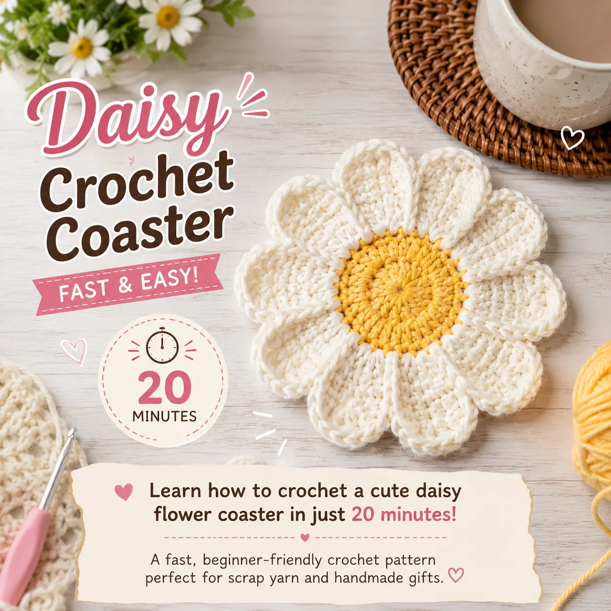 Learn how to crochet a cute daisy flower coaster in just 20 minutes! A fast, beginner-friendly crochet pattern perfect for scrap yarn and handmade gifts