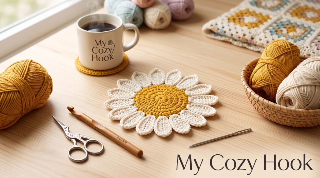 Learn how to crochet a cute daisy flower coaster in just 20 minutes! A fast, beginner-friendly crochet pattern perfect for scrap yarn and handmade gifts